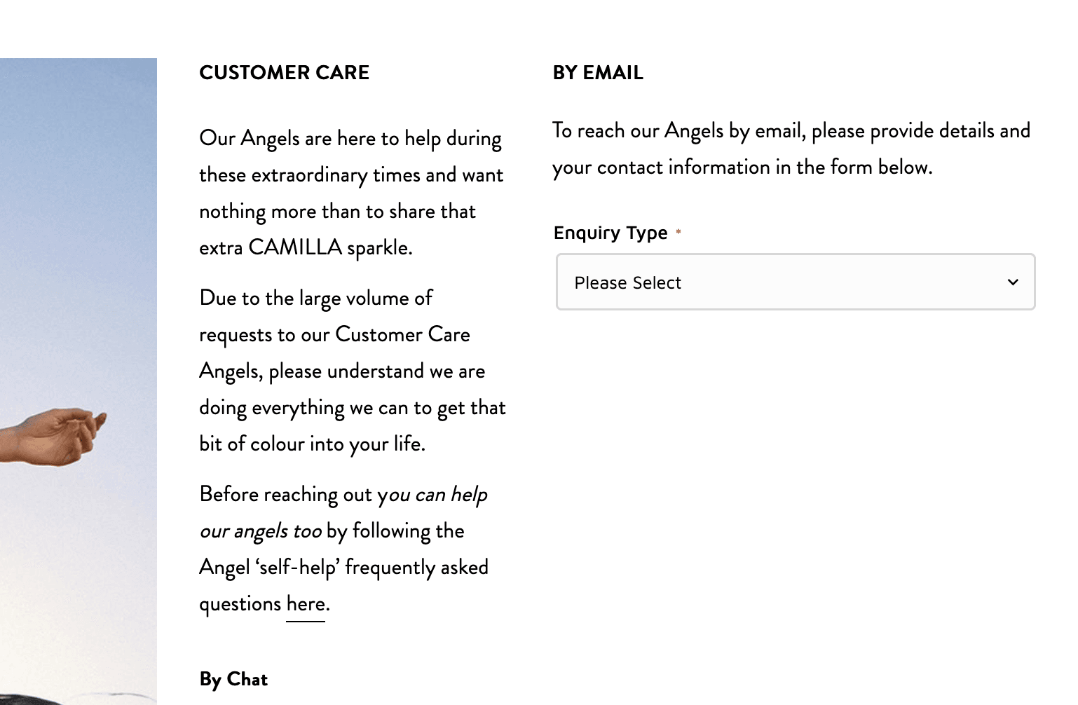 Camilla's Zendesk ticket form embedded on their website