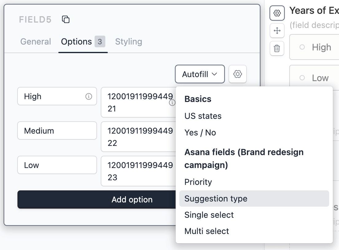 Autofill field options from Asana