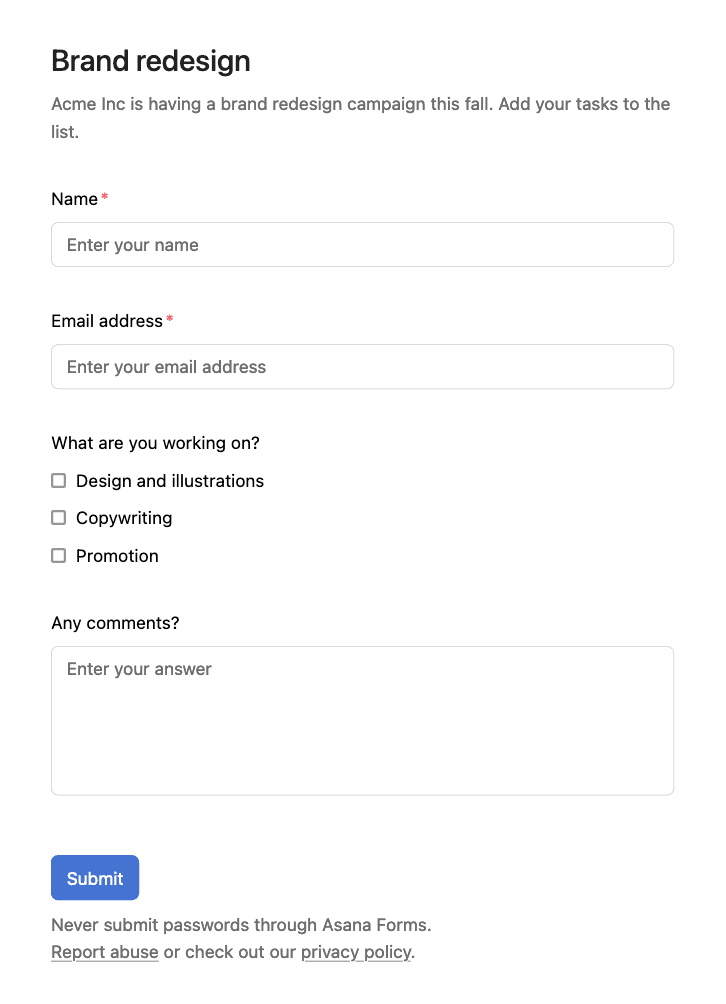 Default Asana request form