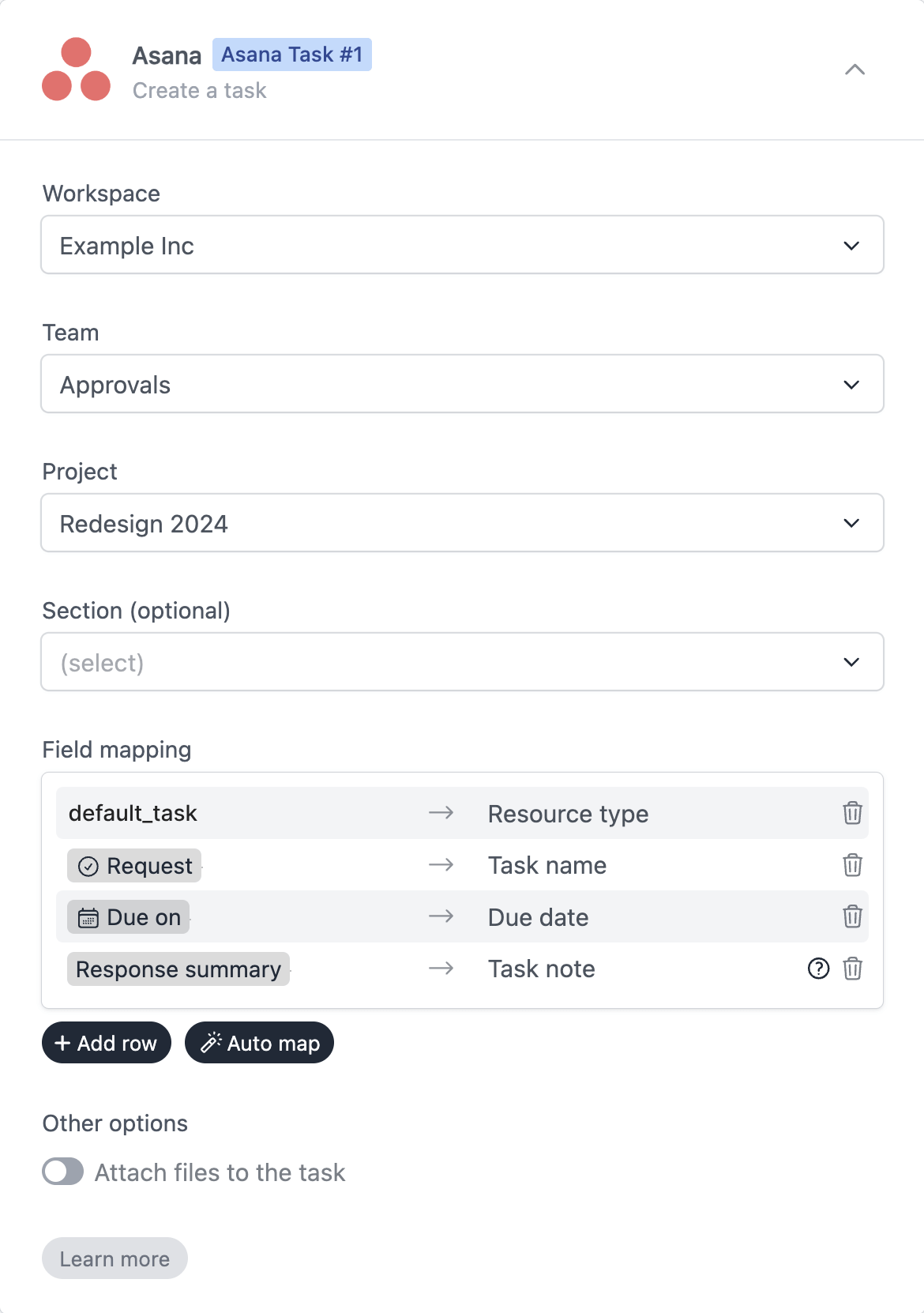 Configuration and field mapping between Formcrafts and Asana