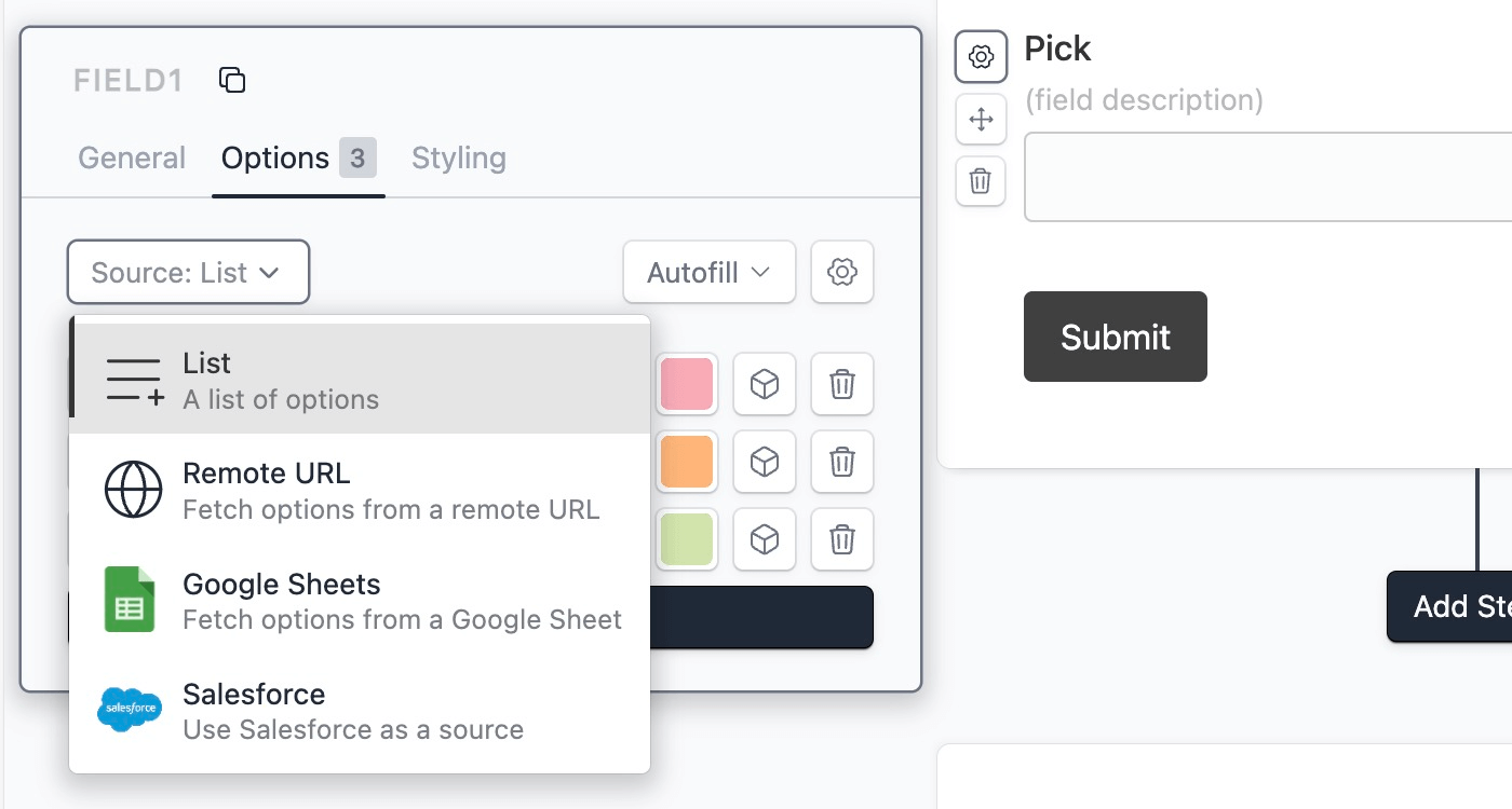 Source list for dynamic dropdown options