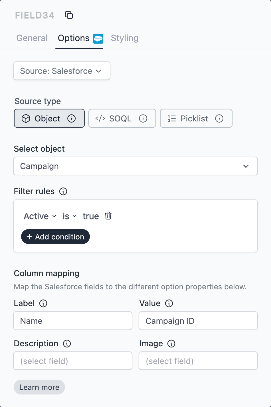 Dynamic checkbox object source config