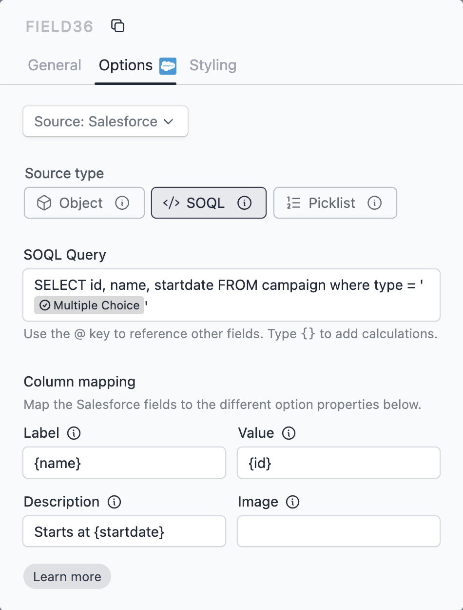 Dynamic checkbox SOQL source config