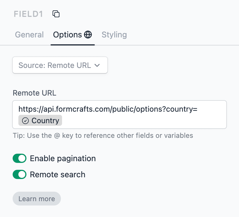 Remote URL source for dynamic dropdown options, with field references