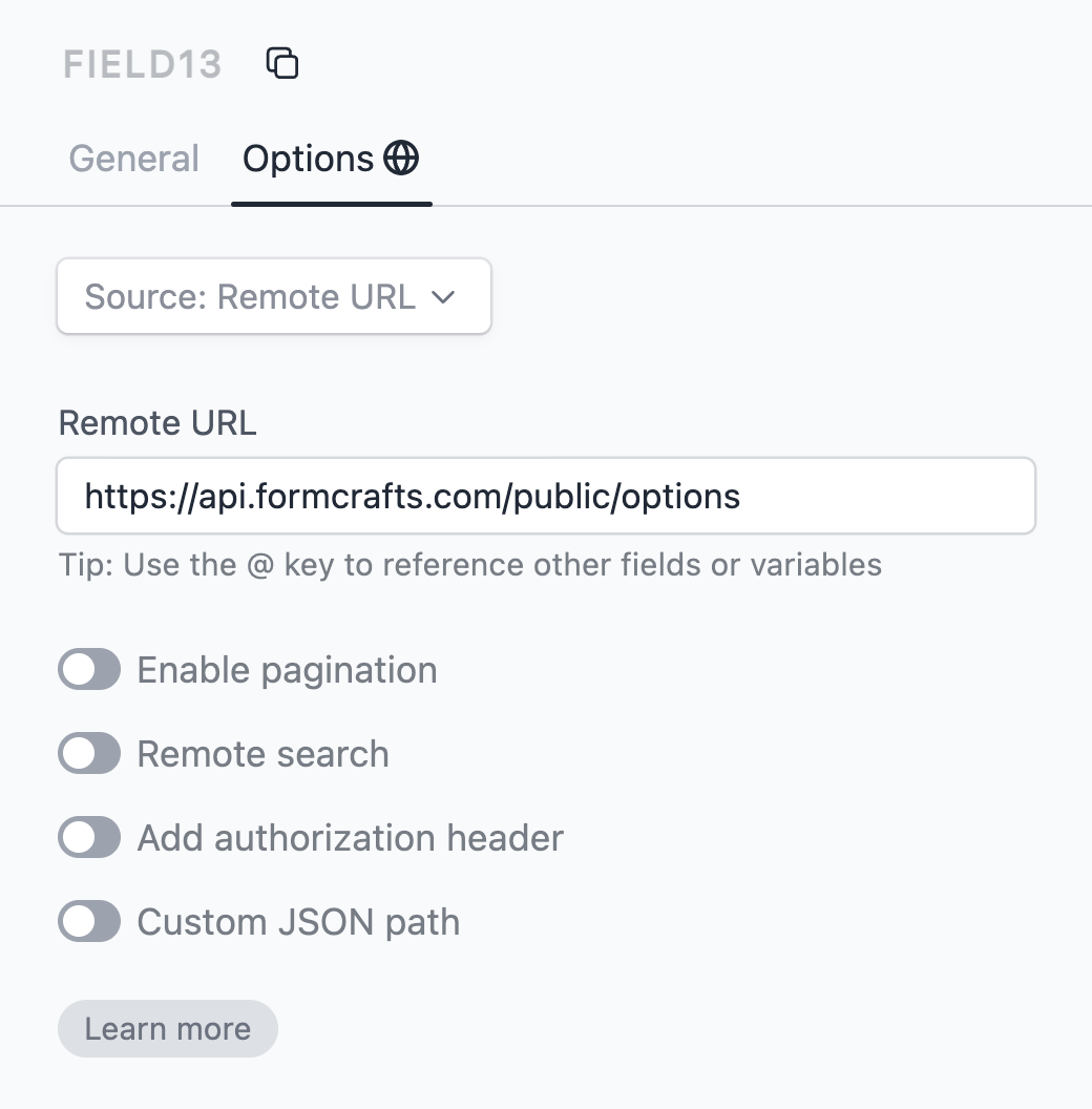 Remote URL source for dynamic dropdown options