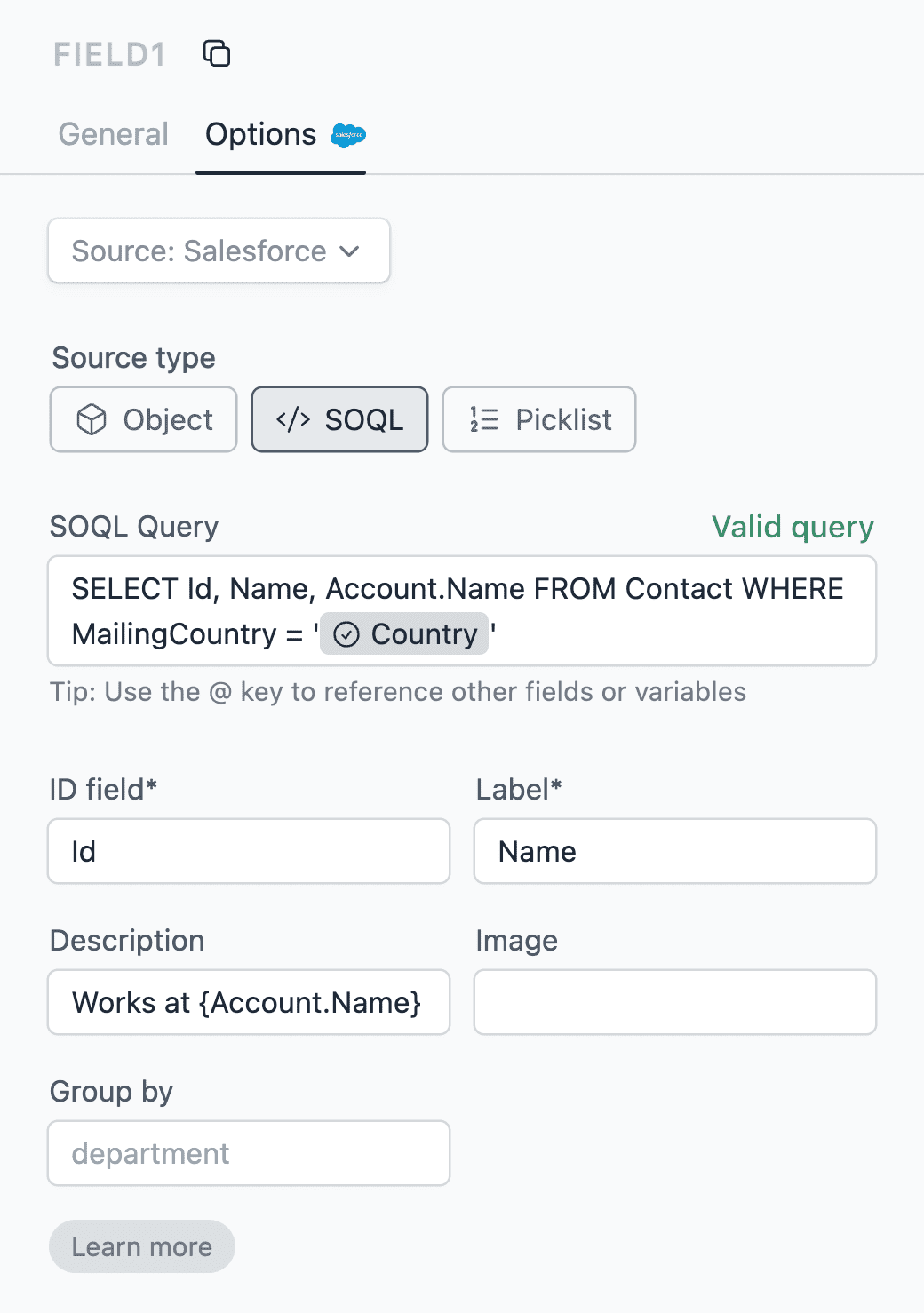Dynamic picklist SOQL source with field reference config