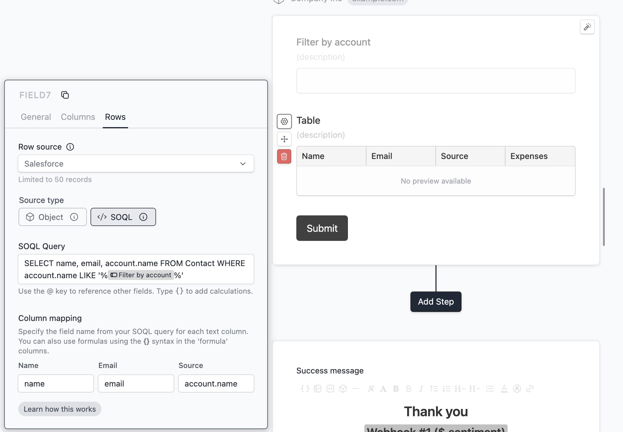 Table field config with Salesforce SOQL source