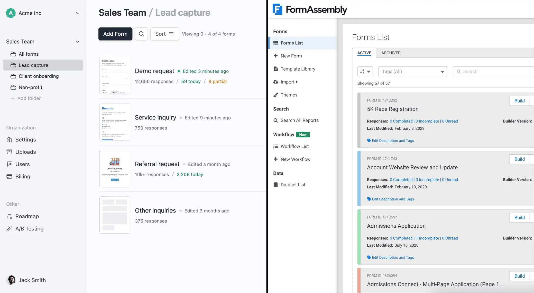 Side-by-side comparison of Formcrafts' and FormAssembly's dashboard