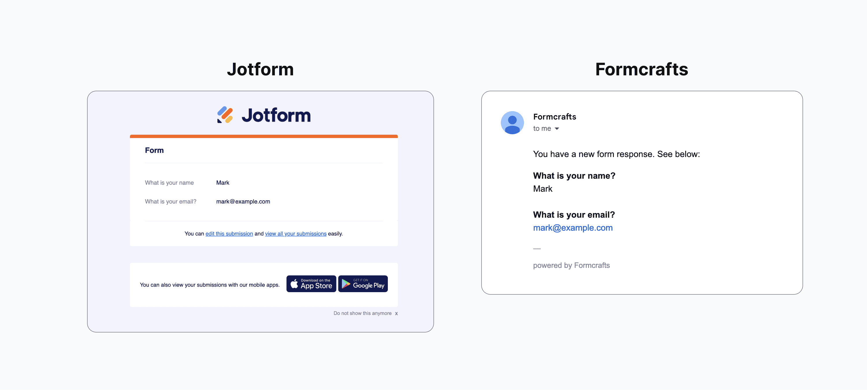 Formcrafts' and Jotform's branding on outgoing emails