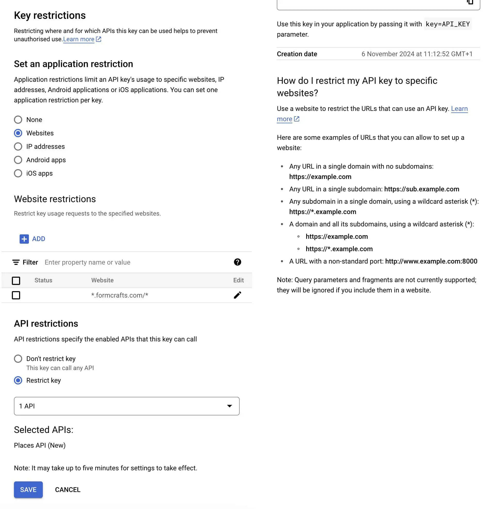 Restriction settings for a Google API Key