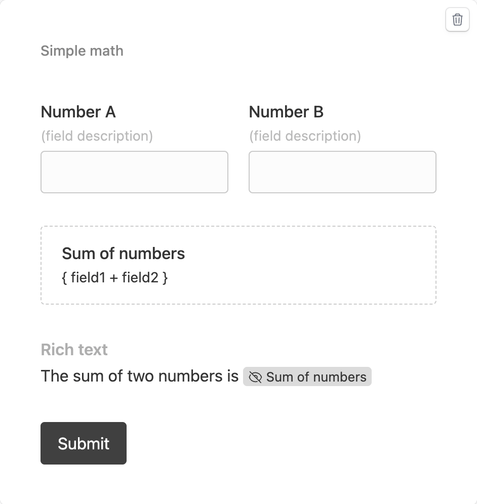 Simple form showing math calculations via hidden field