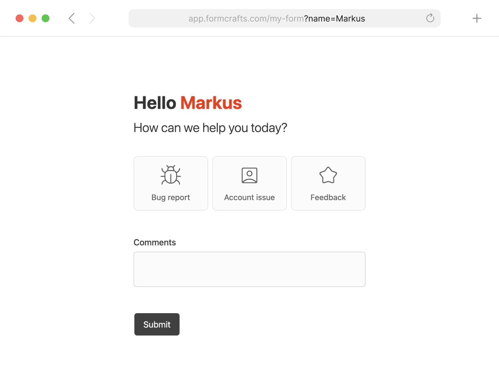 Browser mockup displaying a personalized form