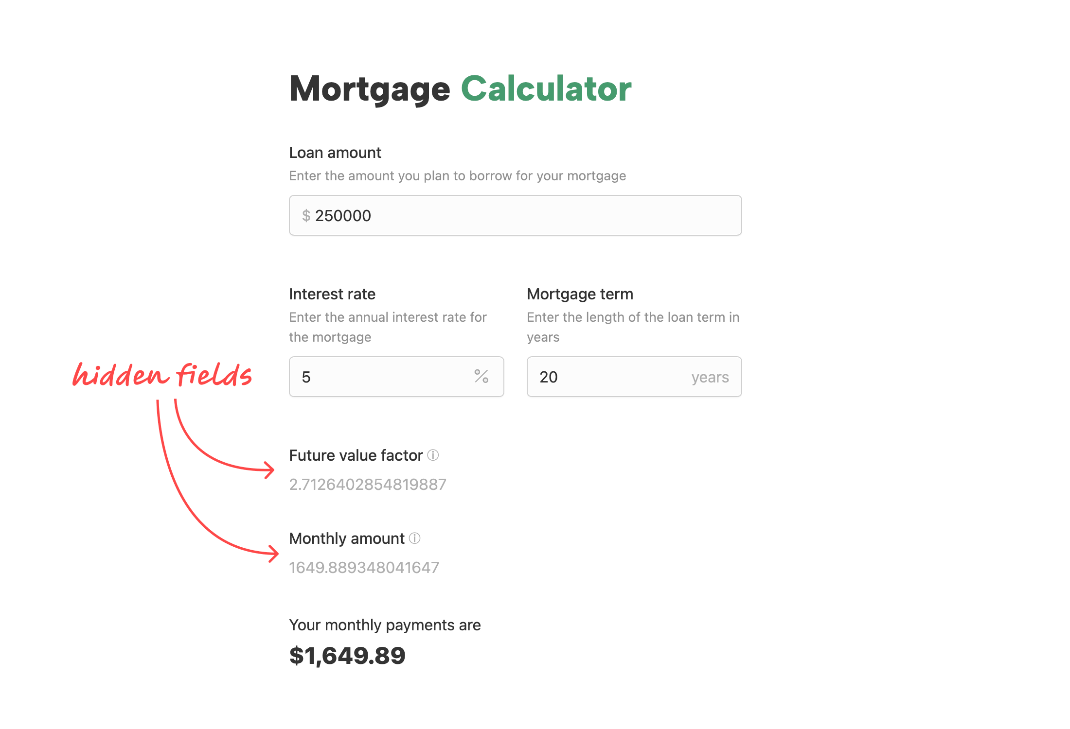 Mortgage calculator form's preview mode showing hidden fields