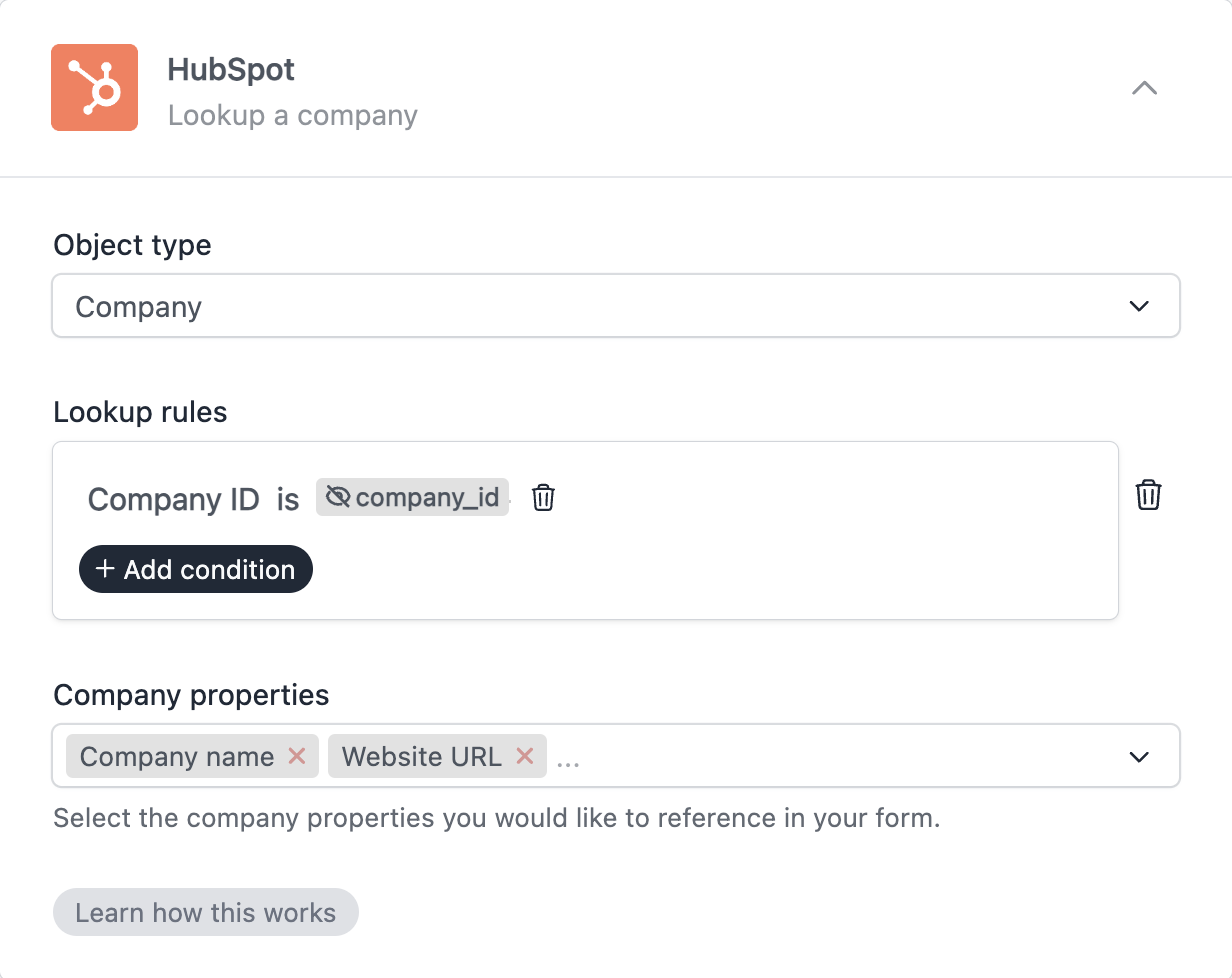 HubSpot company lookup based on hidden field