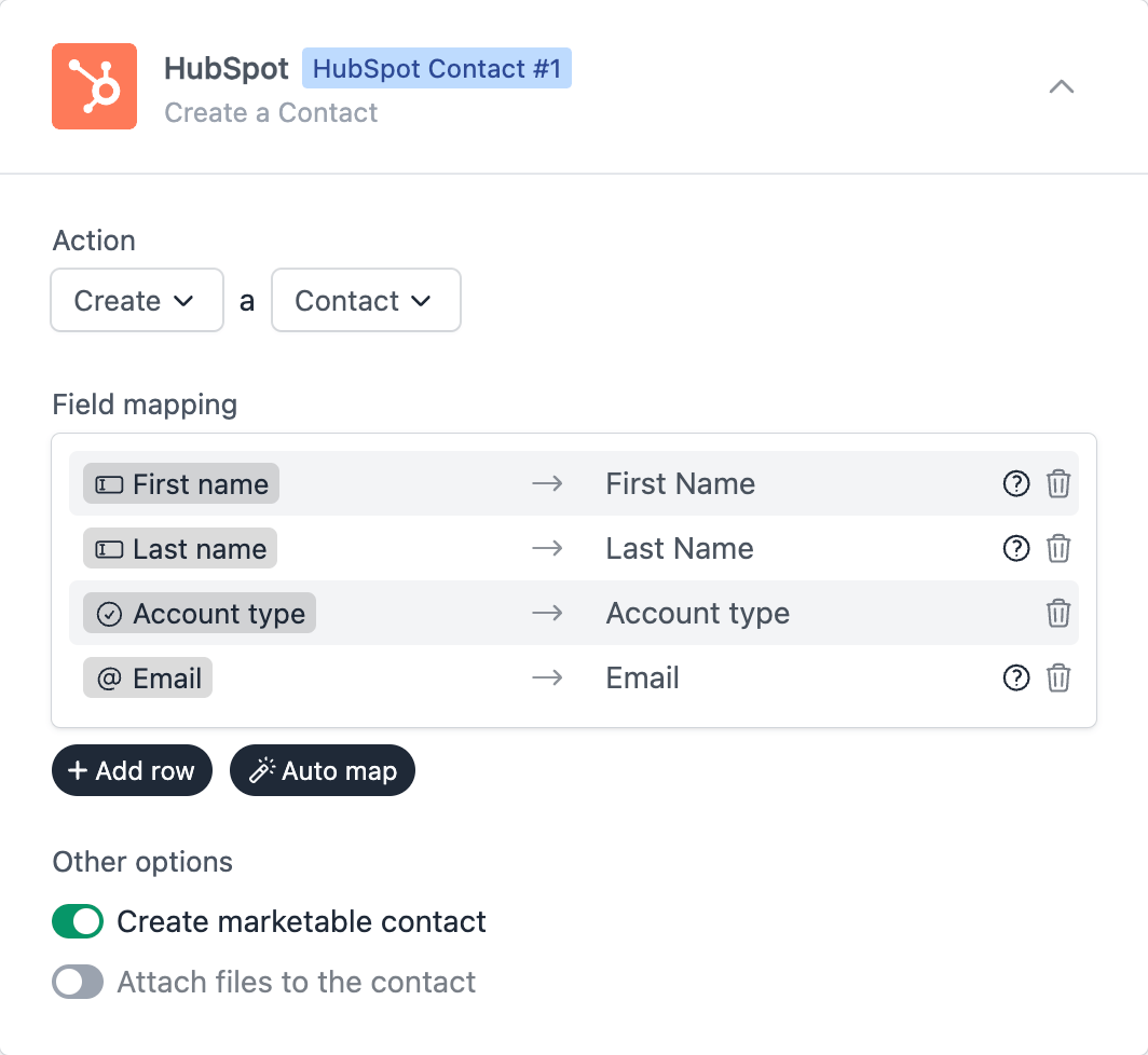 Configuration and field mapping between Formcrafts and HubSpot