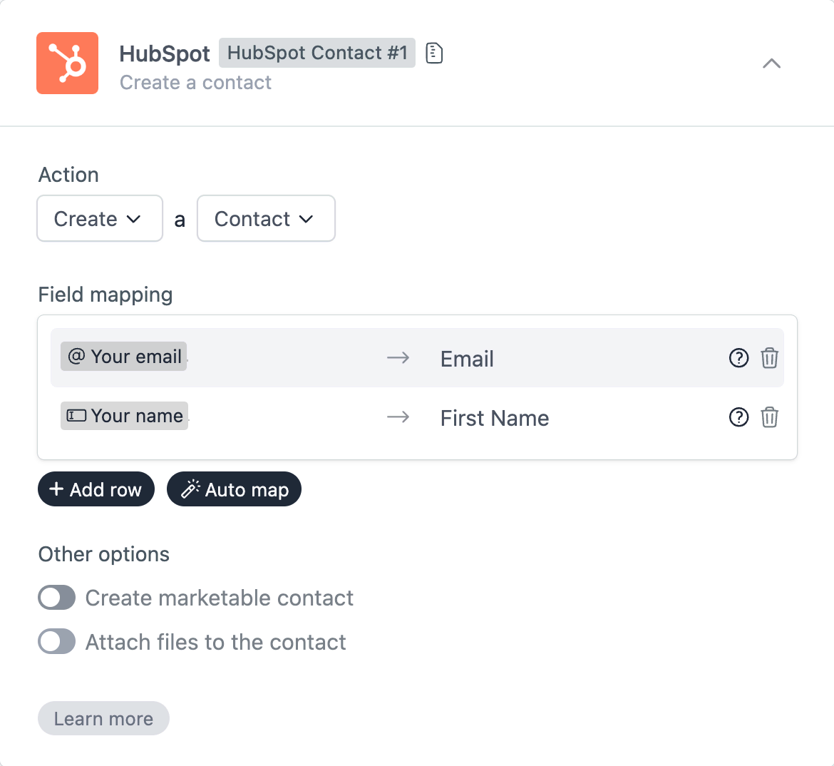 HubSpot workflow to create a new contact based on the given email and name