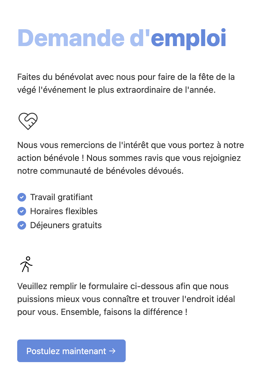 Welcome page of a multi-step job application form in French