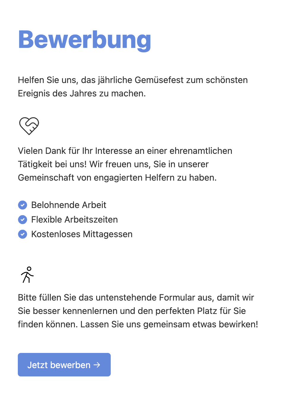 Welcome page of a multi-step job application form in German