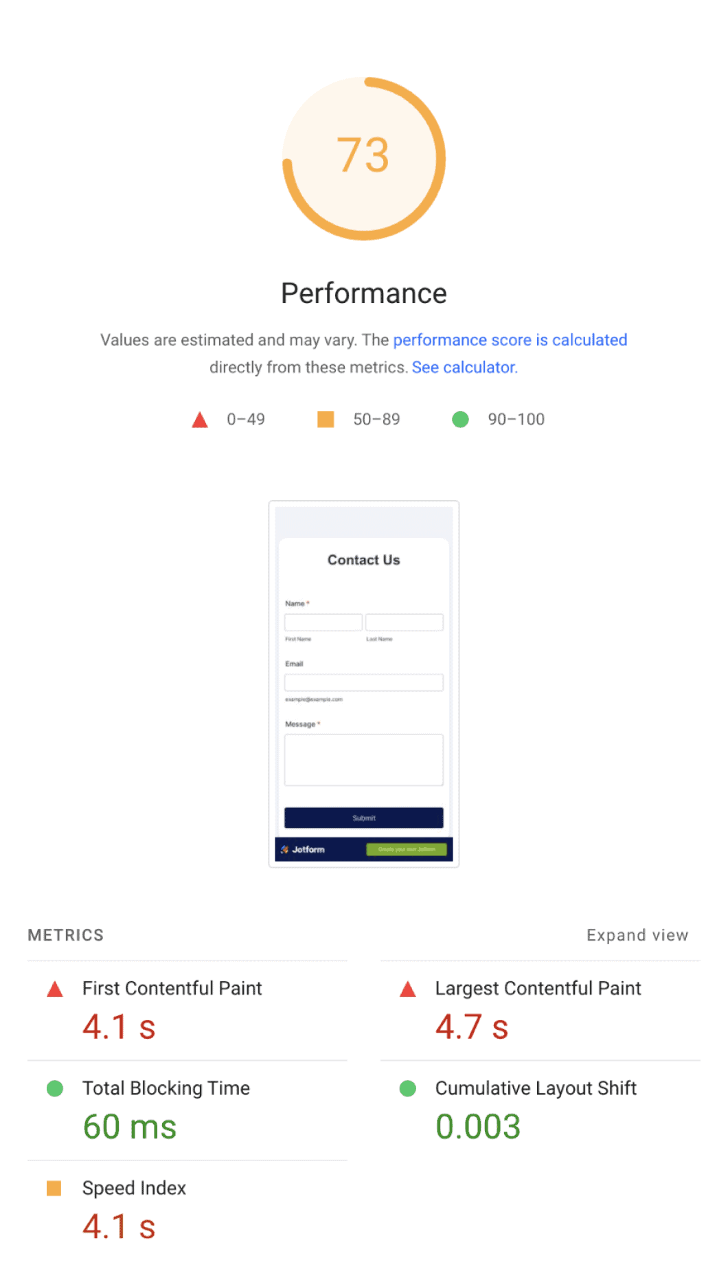 Jotform contact us form load time PageSpeed Insights