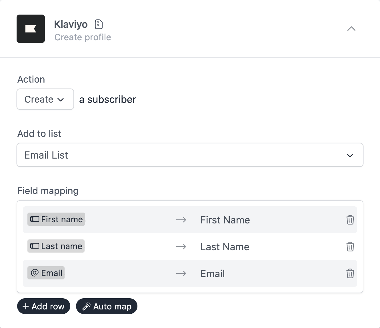 Configuration and field mapping between Formcrafts and Klaviyo