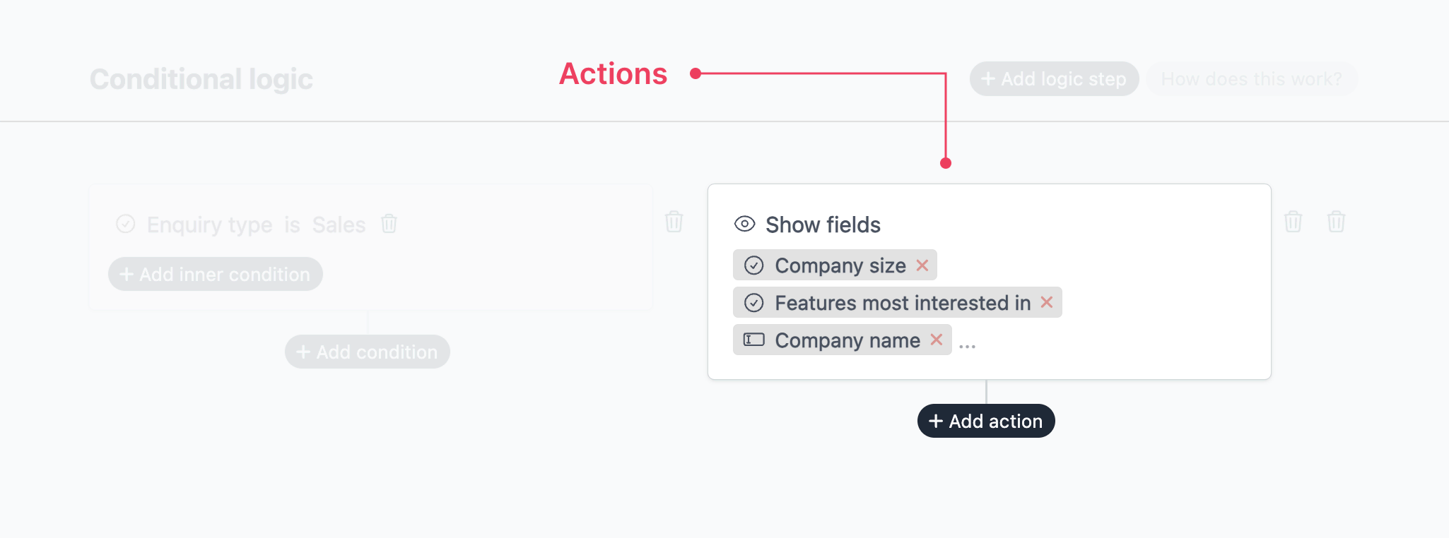 Conditional logic rule with a highlighted 'show fields' action