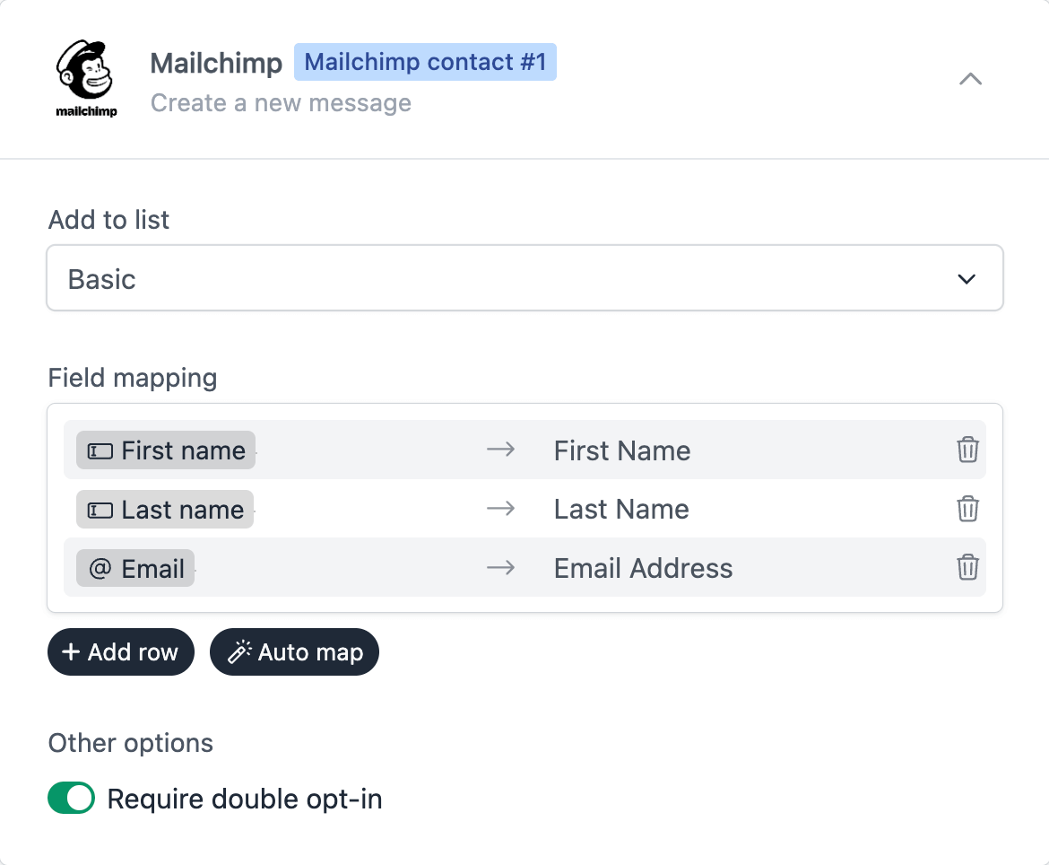 Configuration and field mapping between Formcrafts and Mailchimp