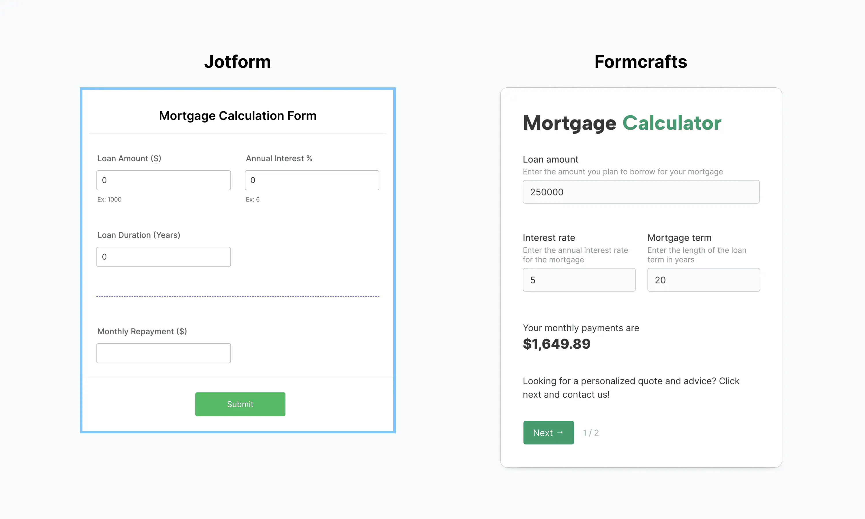 Mortgage calculation forms in Jotform and Formcrafts