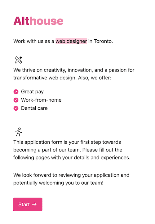 Welcome page of a multi-step job application form with a Start button