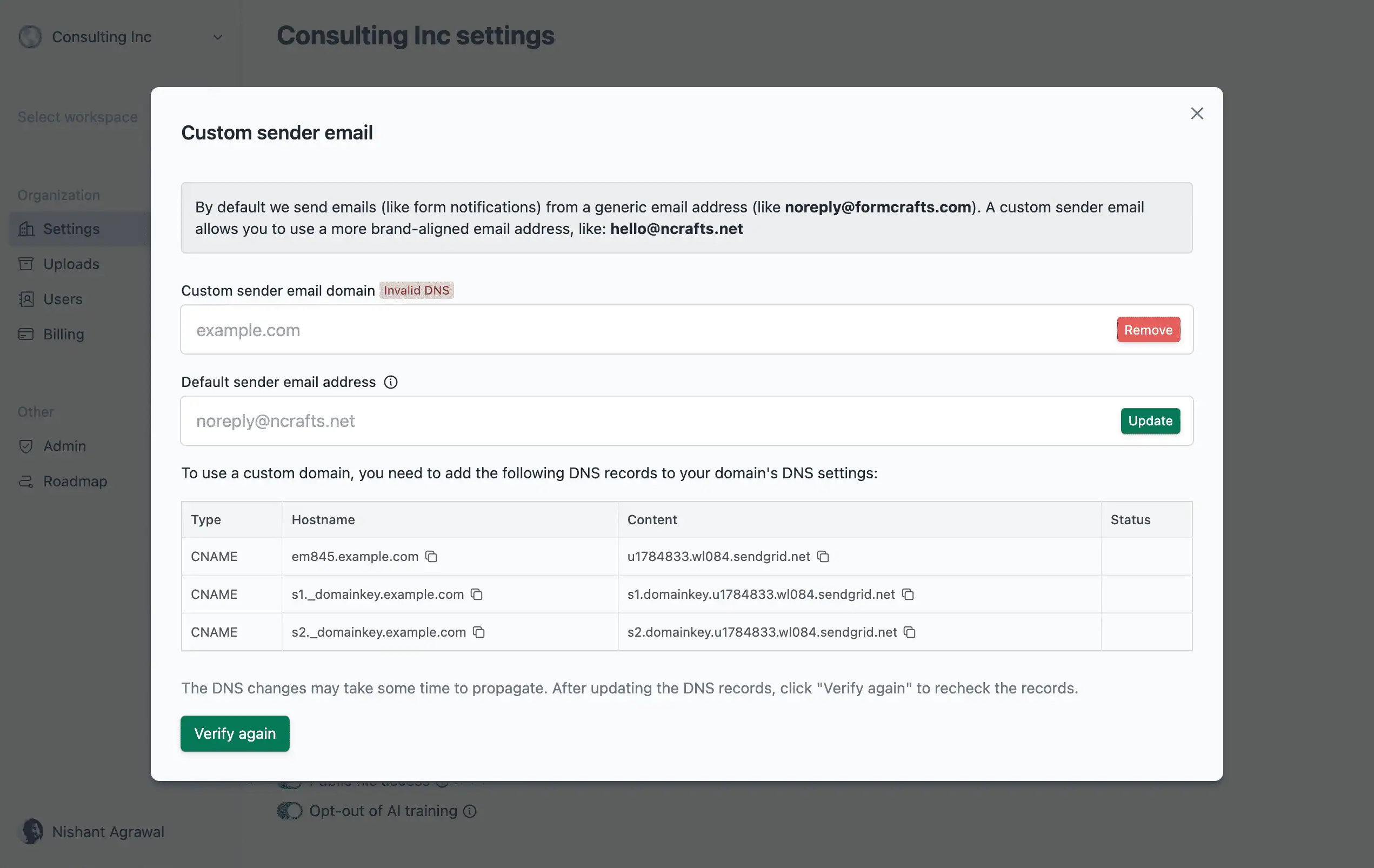 Custom email domain configuration