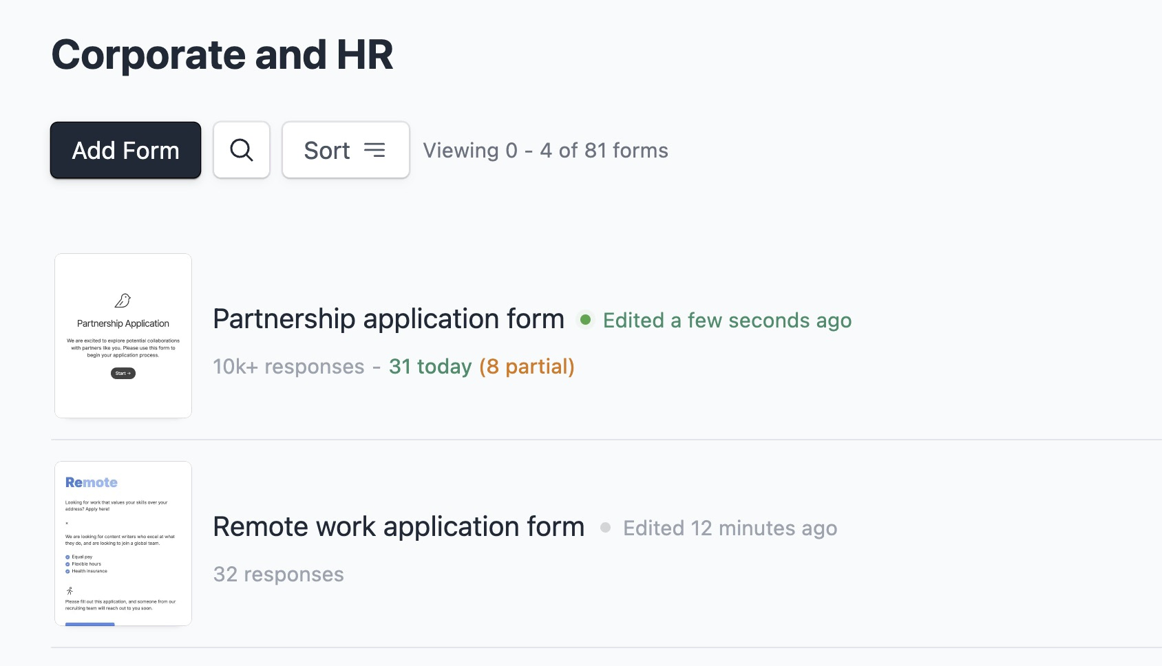 Workspace dashboard showing a list of forms and responses count for each form