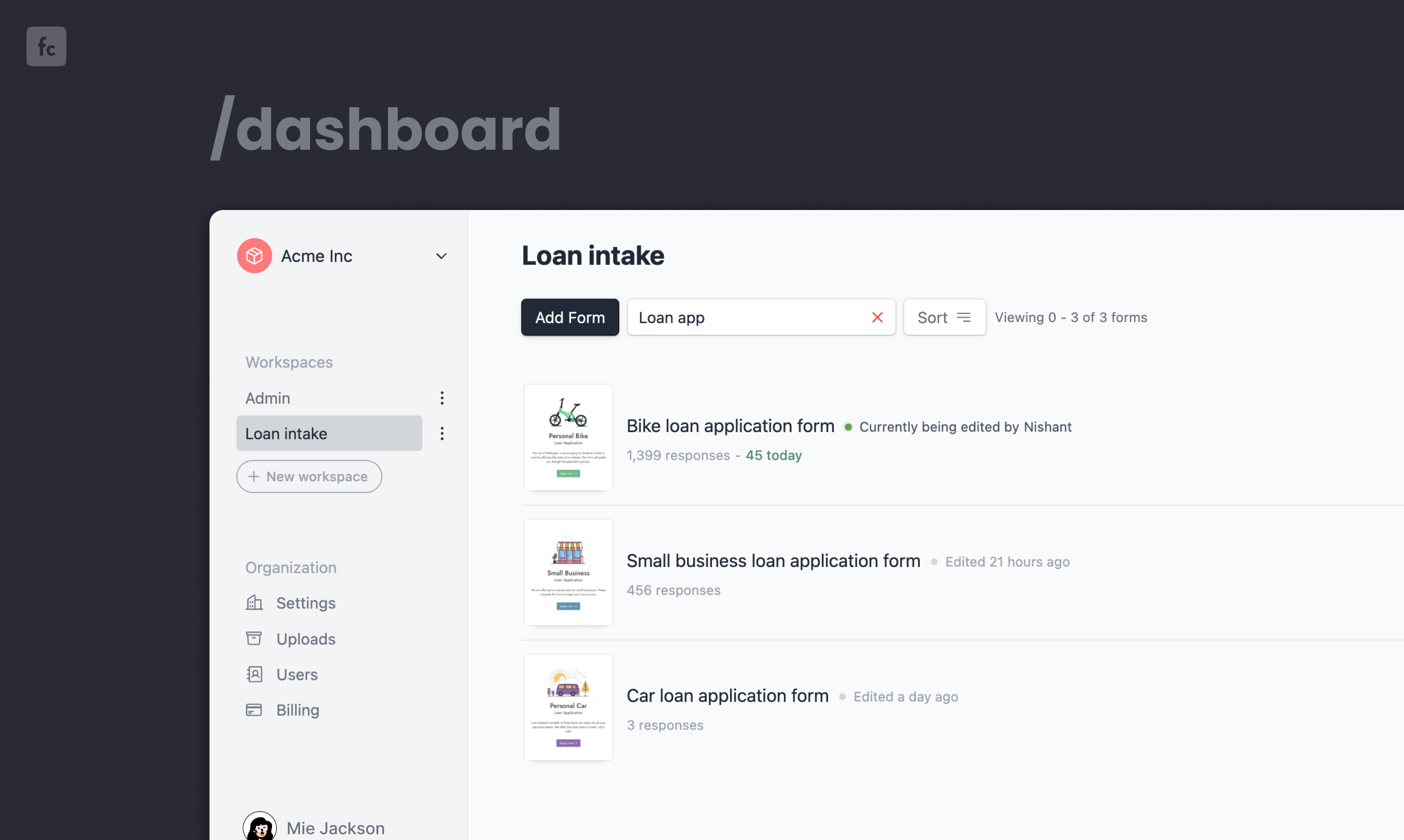 Formcrafts dashboard