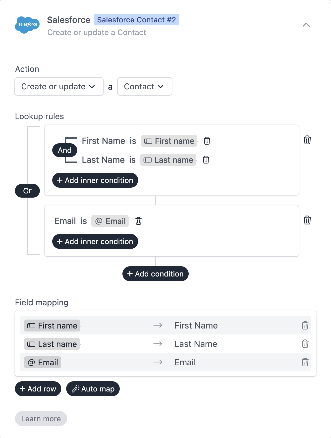 Salesforce create or update contact workflow action