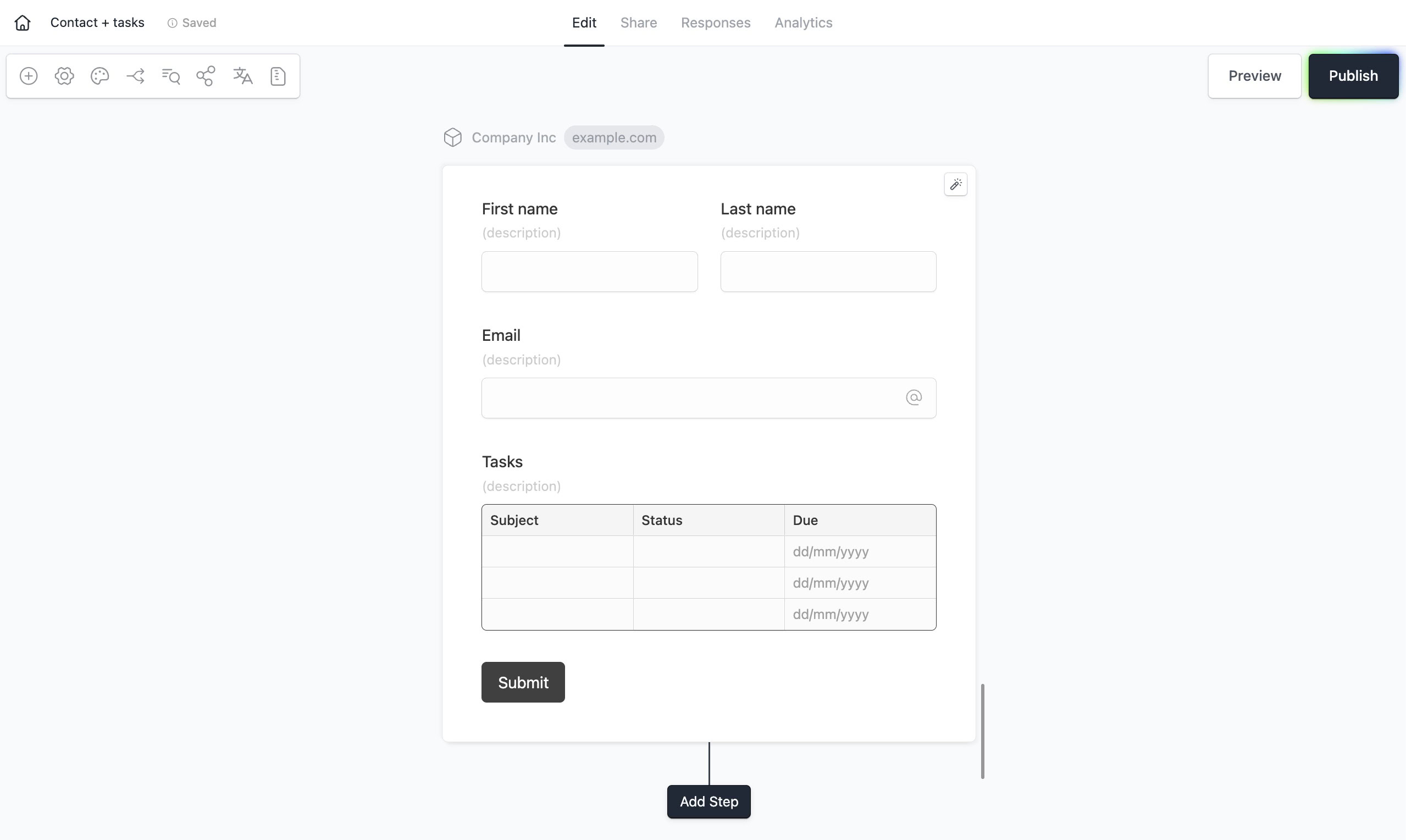 Form editor screen for table field