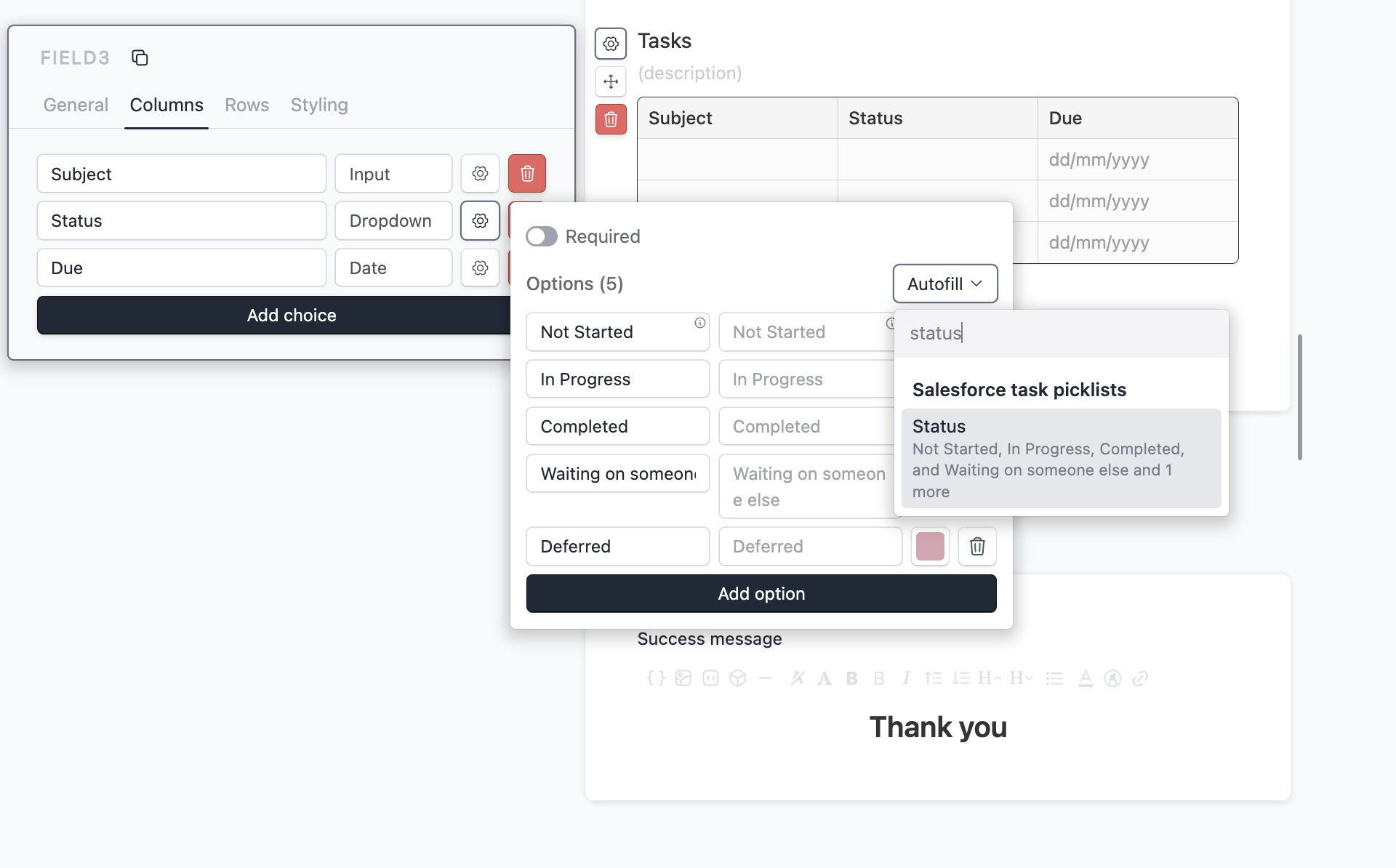 Tasks table Status column using Salesforce Task Status autofill