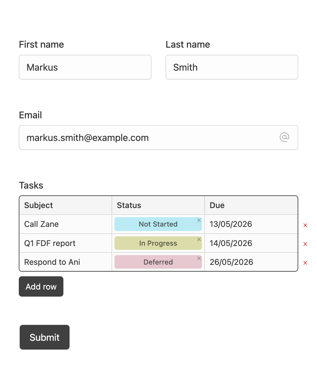 Salesforce task creation form with a table entry field