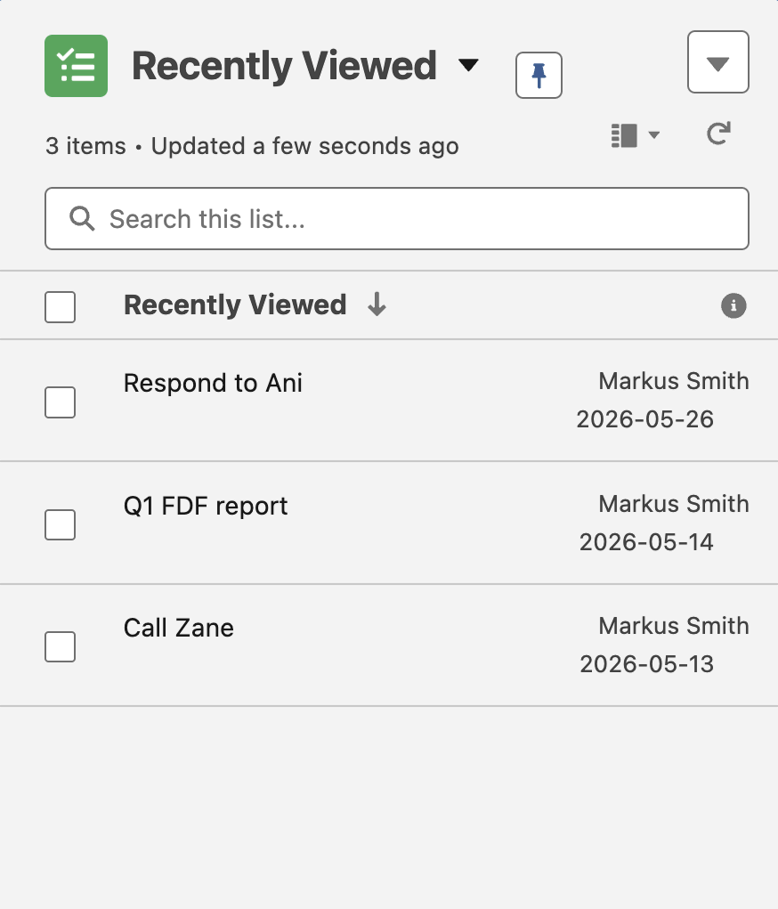Salesforce task list showing records created from the form