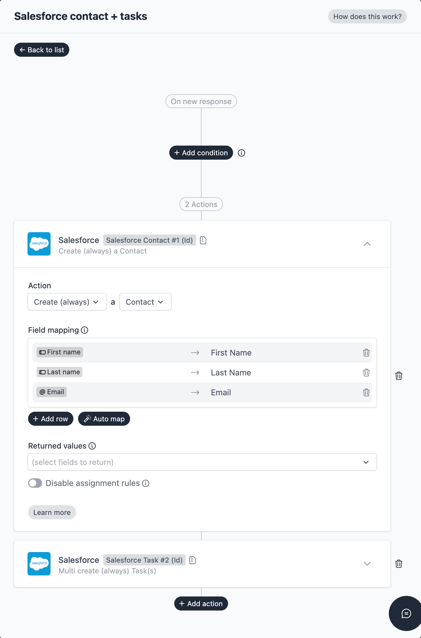 Salesforce contact create action with field mapping