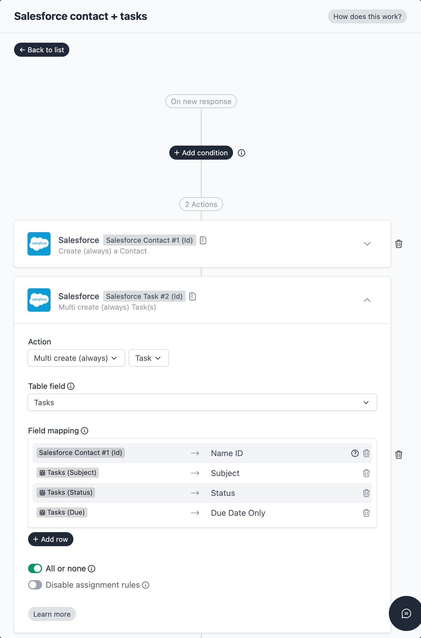 Salesforce multi create task action with Tasks table selected and field mapping