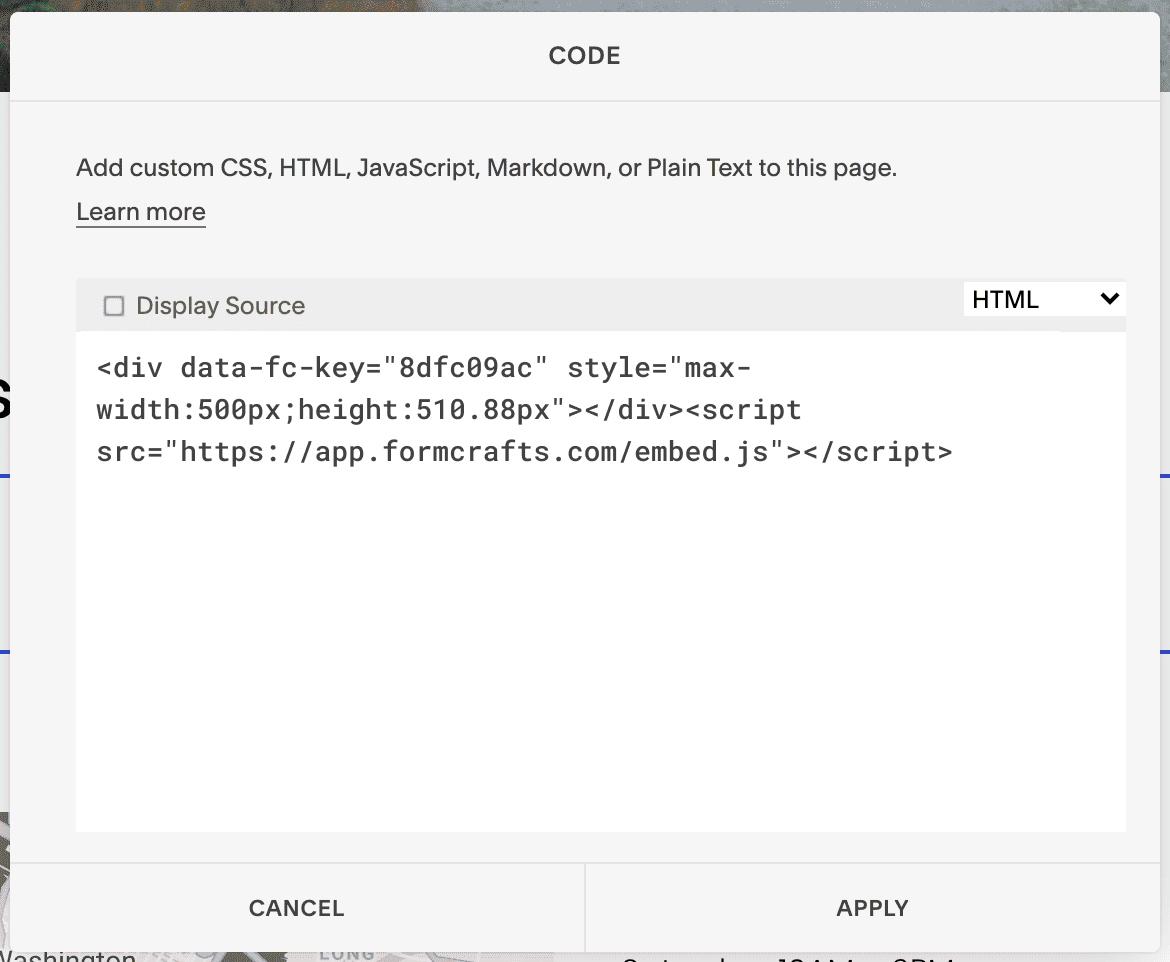 Paste the form embed code