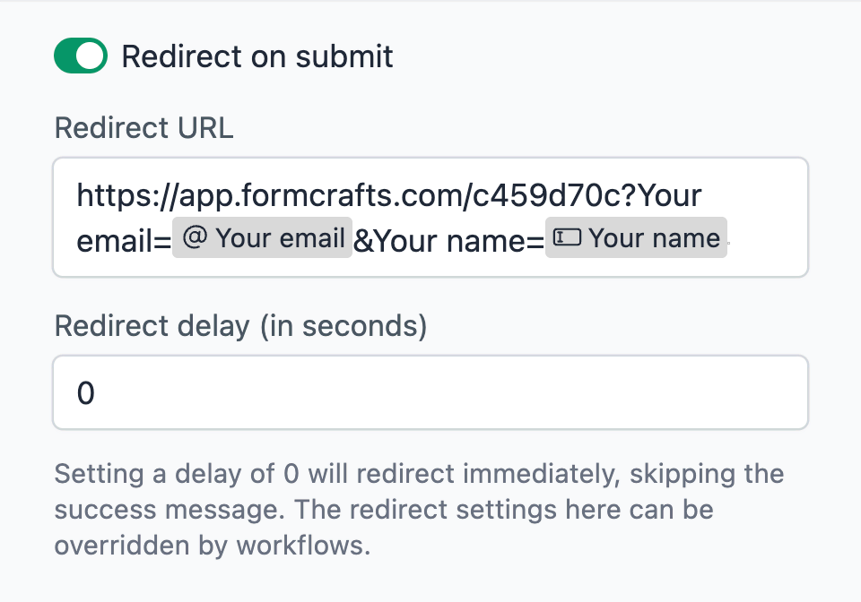 Redirect configuration to pass email and name fields to the secondary form