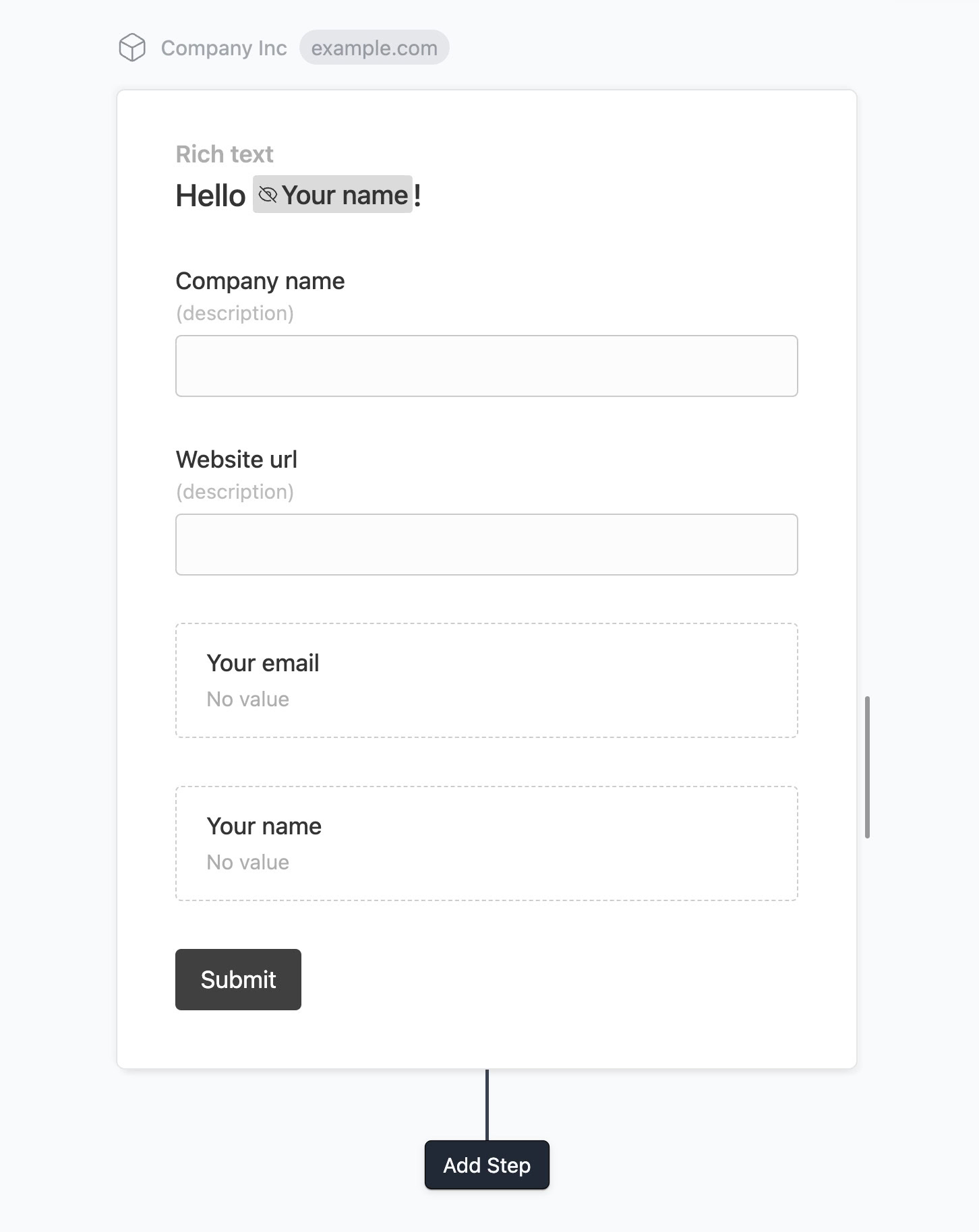 Secondary form with hidden email and name fields, and company name and website fields