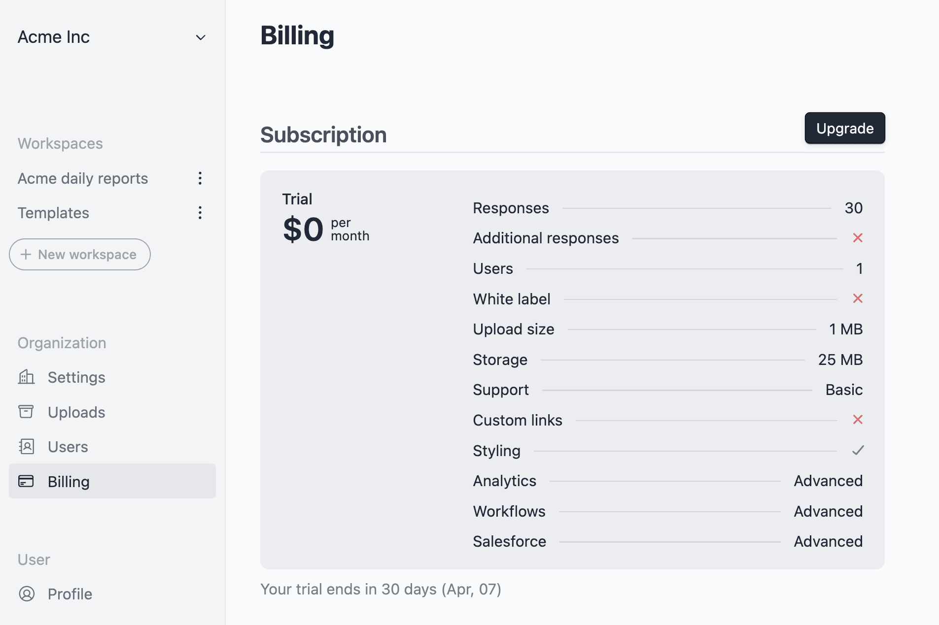 Subscription upgrade section
