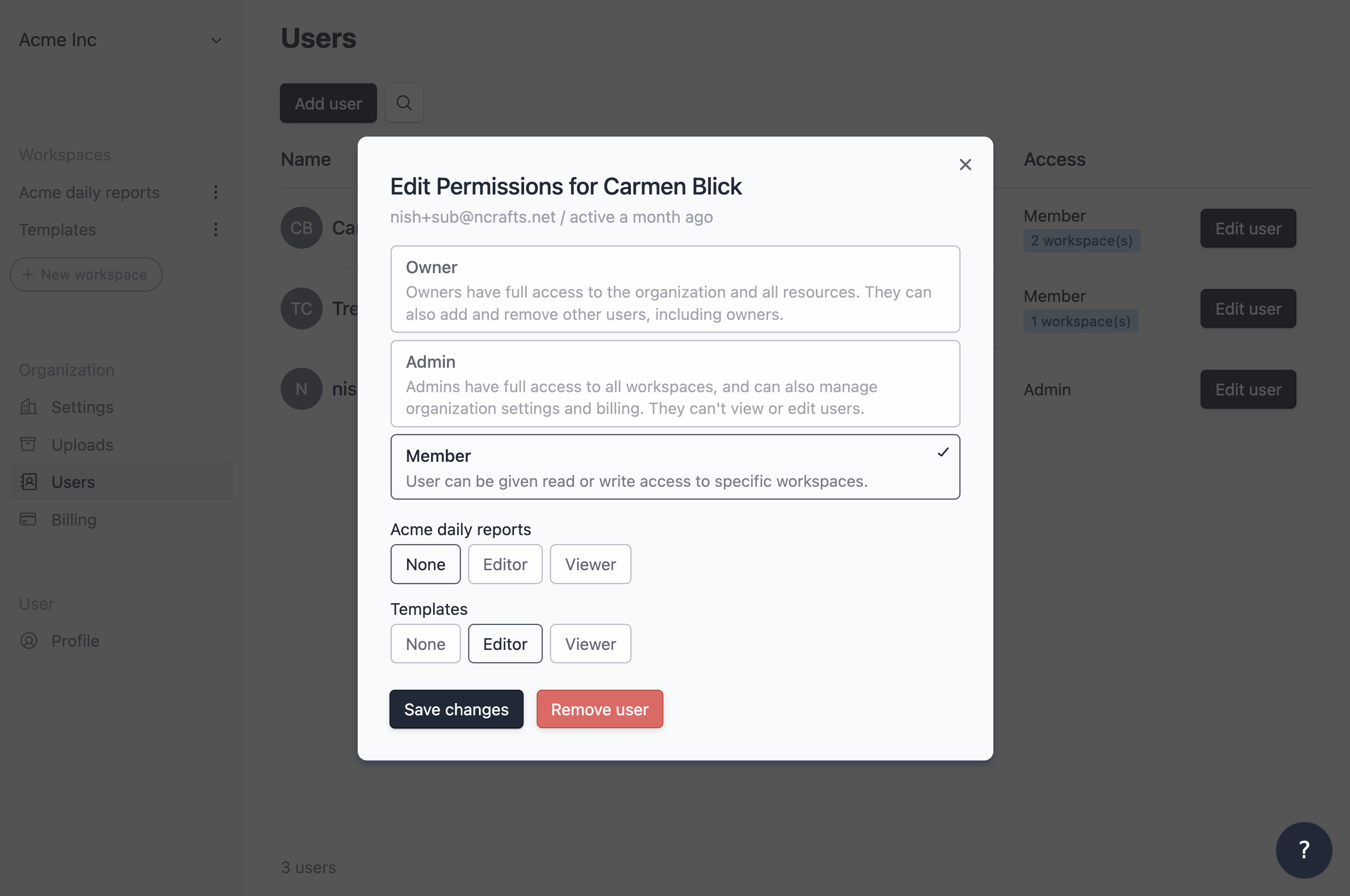 Edit user permissions dialog