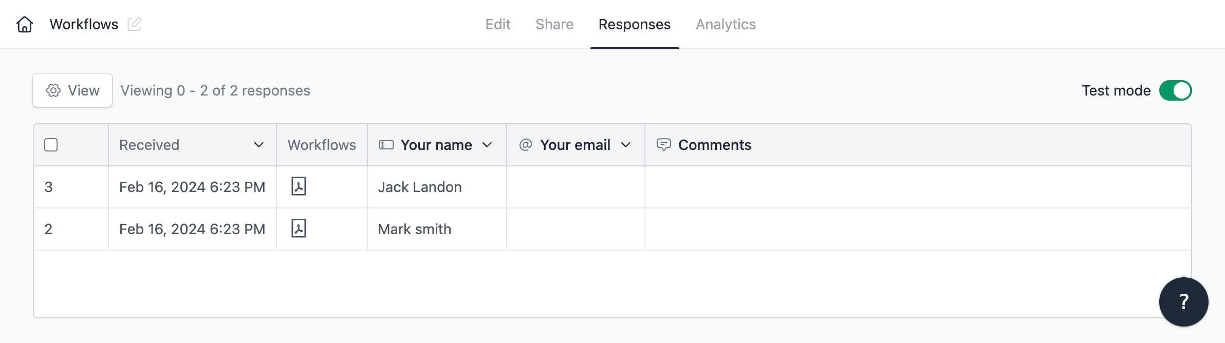 Form respones page with created PDFs