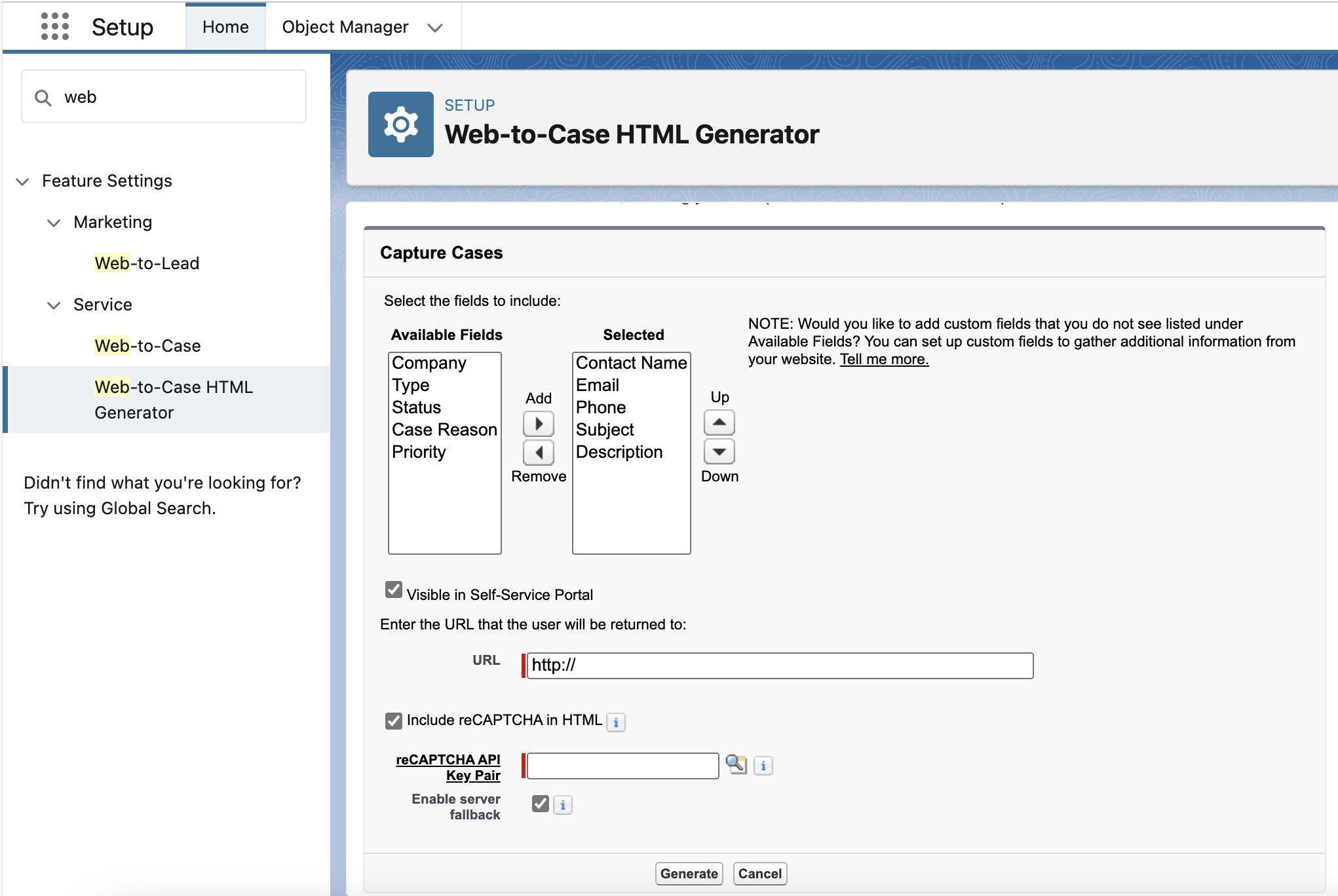Web-to-case HTML code generation screen