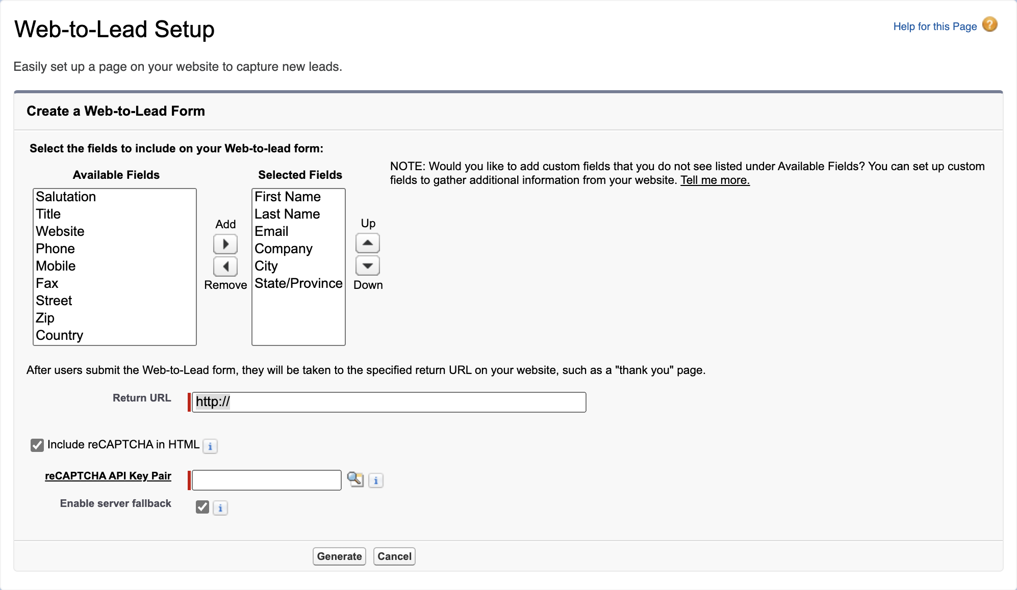 Web-to-lead form setup page