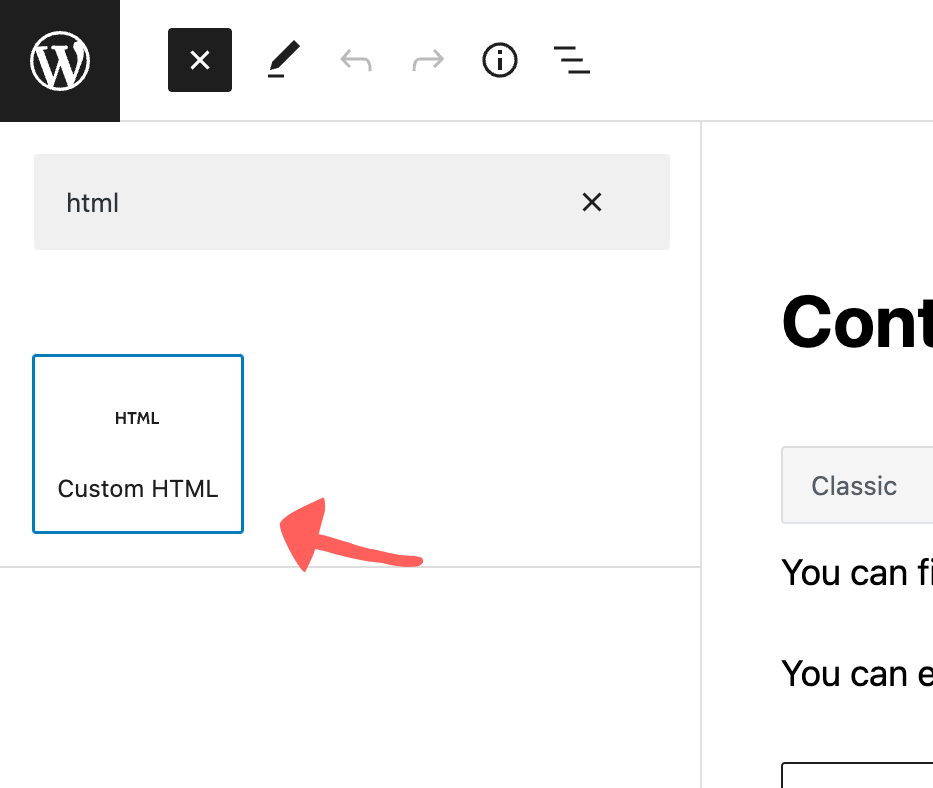 Add a Custom HTML block in WordPress