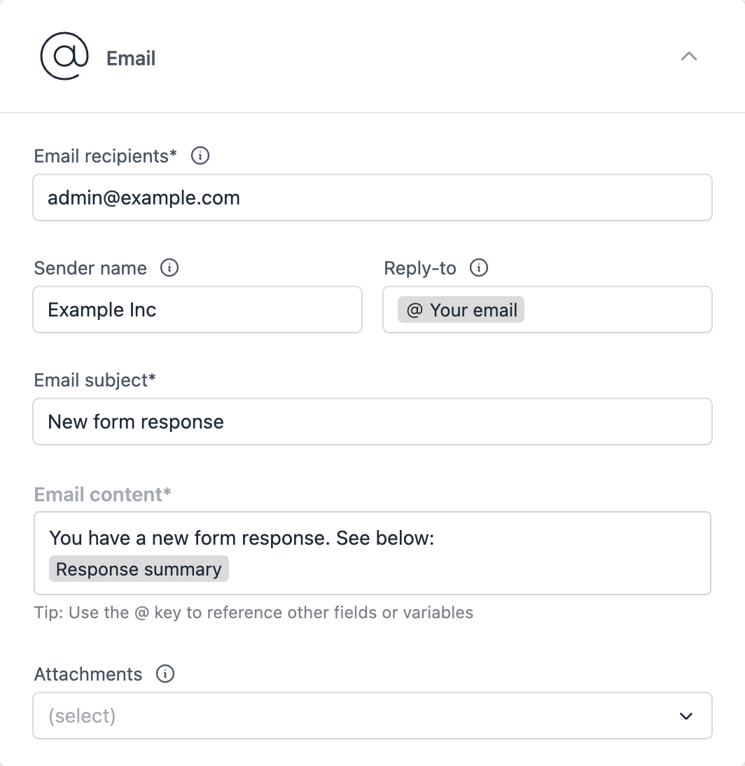 Email workflow action to send admin notifications