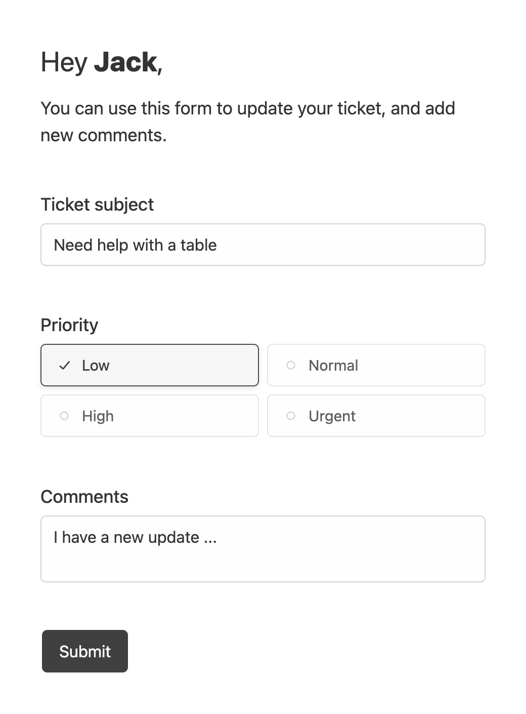 Update ticket form with prefilled data