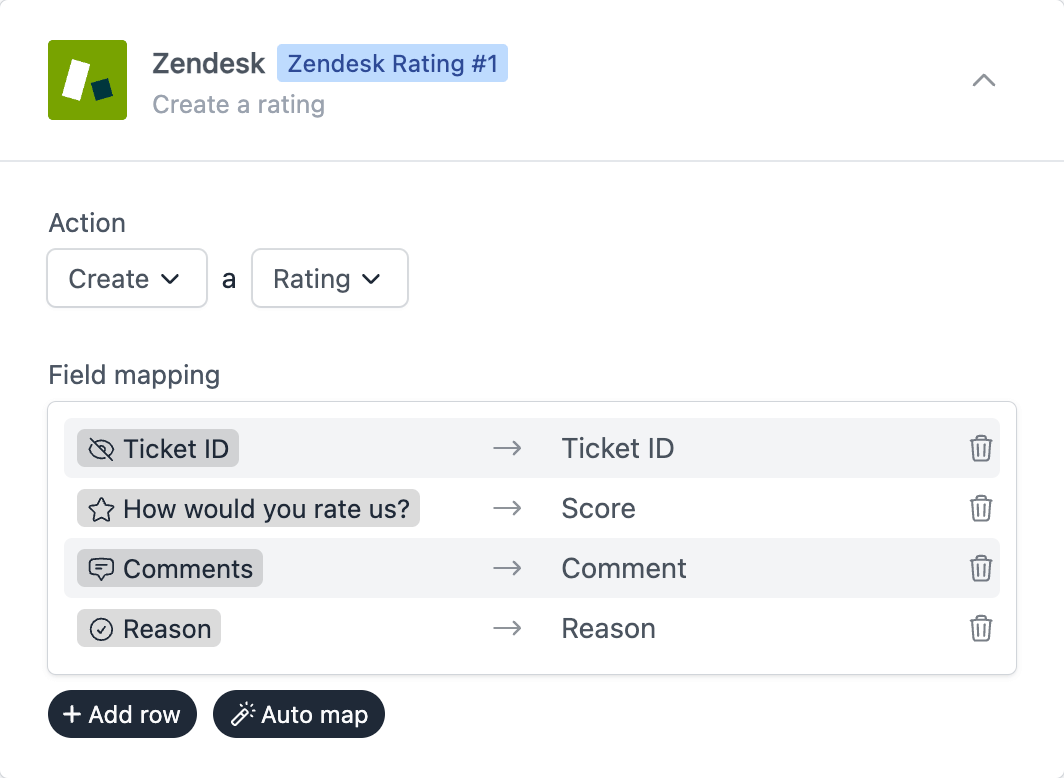 Workflow action to create a Zendesk rating